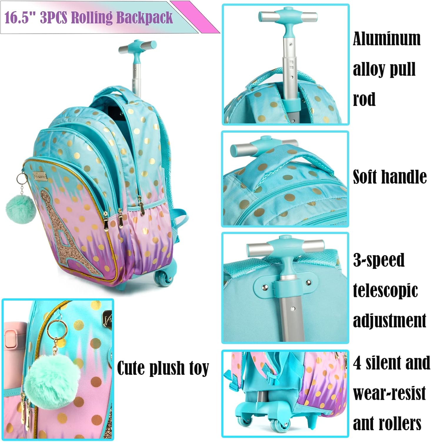 Egchescebo School Bags Kids Rolling Backpack for Girls Kids Luggage Suitcase With Wheels - Image 4
