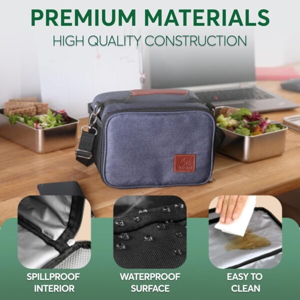 Umami Insulated Lunch Box Bag Women & Men w/Water Bottle Pocket w/Adjustable Shoulder Strap, Perfect-Size, Great for Work and Travel (Navy Blue) - Image 5