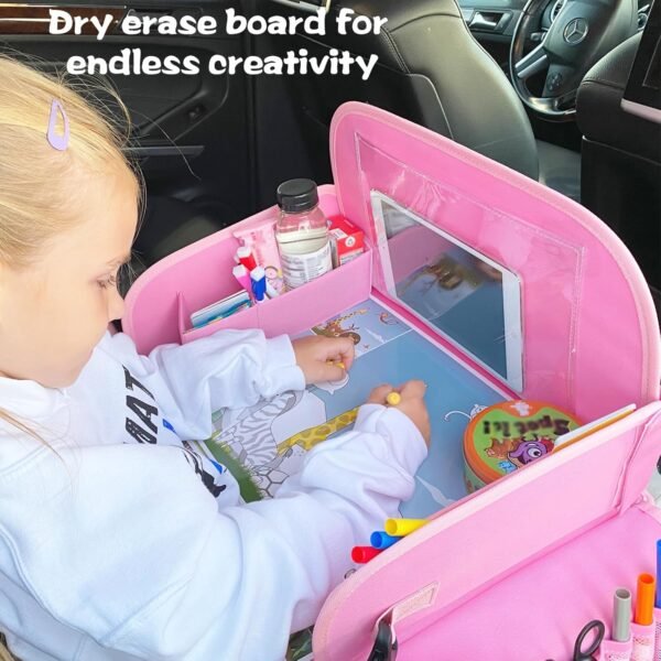 Kids Travel Tray for Toddler Car Seat, Lap Tray for Girl Activities with Dry Erase Board & Cooler Cup Holder, Road Trip Essentials Accessories with No-Drop Large Tablet iPad Holder Stand,Pink - Image 2