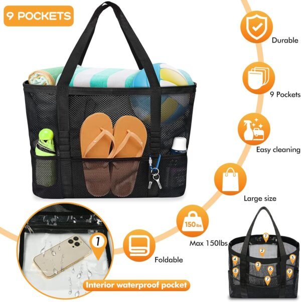AURUZA Mesh Beach Bag Waterproof Sandproof Tote Bags Swimming Pool Bag Cruise Beach Essentials for Vacation Must Haves - Image 2