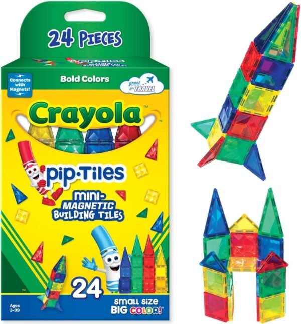 CreateOn Crayola Mini Magnetic PIP-Tiles, Building Set for Kids, Magnetic Building Toys for Kids, STEM Travel Toys for Boys and Girls Ages 3+, 24-Piece Set (Bold)
