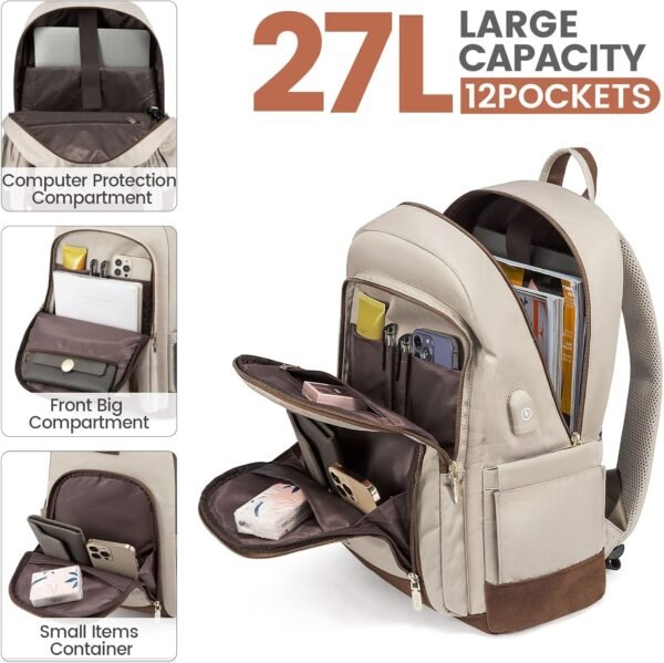 LOVEVOOK Travel Laptop Backpack Women,15.6 Inch Water Resistant Travel Backpack for Women,Work Computer Back Pack for College Business,Khaki… - Image 3