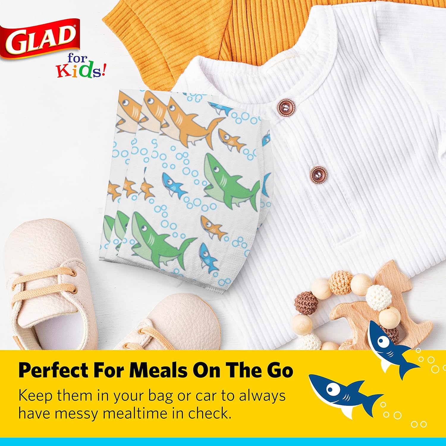 Glad for Kids Shark Disposable Paper Bibs with Crumb Catcher for Feeding - Absorbent and Leakproof Eating and Travel Essentials for Mess-Free Meals, 30 Count - Image 4