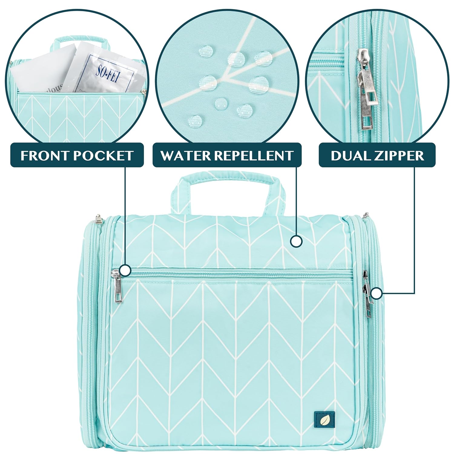 PAVILIA Large Hanging Toiletry Bag Travel Bag Women Men, Cosmetic Organizer, Water Resistant Makeup Bag Accessories Toiletries, Travel Essentials Kit, Teal Chevron - Image 3