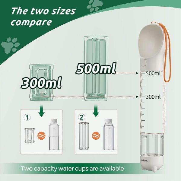 PUPIHOM17OZ 3 in 1 Portable Dog Water Bottle, Outdoor Dog Water Dispenser with Poop Bag, Pet Travel Water Bottle Dispenser with Drinking Feeder and Food Container for Dogs Walk Travel, Length 15.55" - Image 5