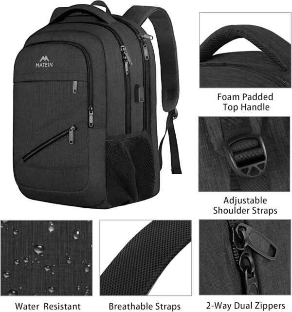MATEIN Extra Large Business Travel Anti Theft Laptop Backpack, 18 Inch TSA Airline Approved Carryon Backpack for Women Men, Work Bag with USB Port and Luggage Strap, Black - Image 5