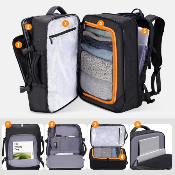 HOMIEE Carry On Luggage 22x14x9 Airline Approved 50L Travel Backpack, Extra Large Expandable Laptop Backpack, Black - Image 4