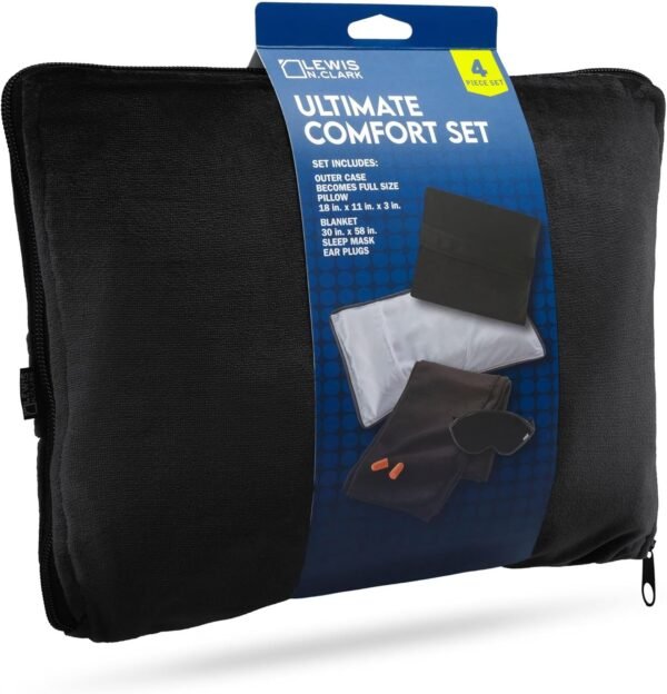 Lewis N. Clark Ultimate Comfort Set + Portable Travel Kit for Airplane, Includes Inflatable Pillow + Zippered Carrying Case, Cozy Fleece Blanket, Eye Mask for Sleeping & Foam Ear Plugs, Black - Image 7