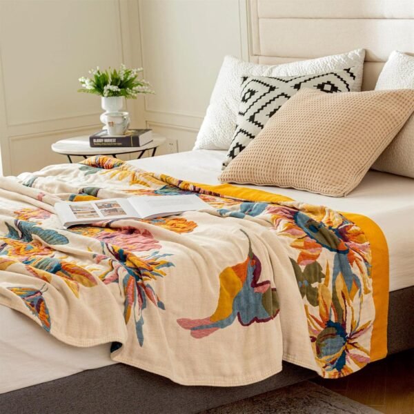 Boho Throw Blanket for Couch 100% Cotton Throw Blanket Floral Bed Blanket 80''x90'', Cotton Quilts Travel Blanket Knitted Muslin Blanket Home Decor Cozy Blankets for Women - Image 8