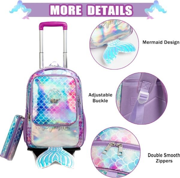 Mermaid Rolling Backpack for Girls Backpack with Wheels for Elementary Girls with Lunch Box Wheeled Trolley Suitcase Travel Luggage - Image 5
