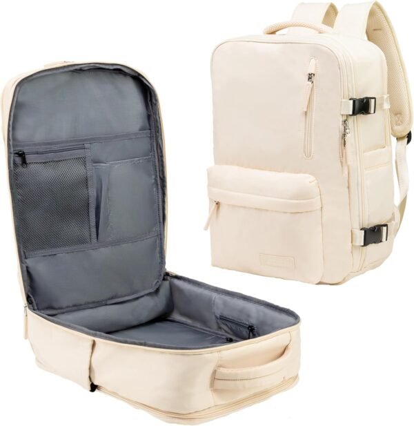 (Not Made In China) Travel Backpack For Men and Women, Airline Approved Carry On Bag w/Shoe Compartment, Holds 15.6" Laptop, USB Charging Port (Beige)
