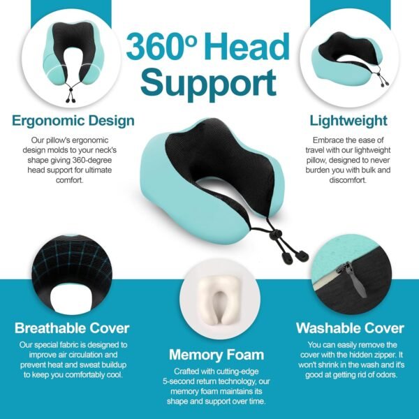 Adjustable Travel Pillow for Neck Support & Comfort, Lightweight Memory Foam Travel Neck Pillow for Sleeping - Washable & Breathable Plane Pillow for Traveling with Eyemask, Earplug & Carry Bag - Image 2