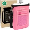 Travel Water Bottle | Flat Water Bottle With Strap | Leak Proof Slim Water Bottles For Travel | BPA Free Water Flask | Ultimate Square Water Bottle With Sleve 18 oz (Rose Pink)