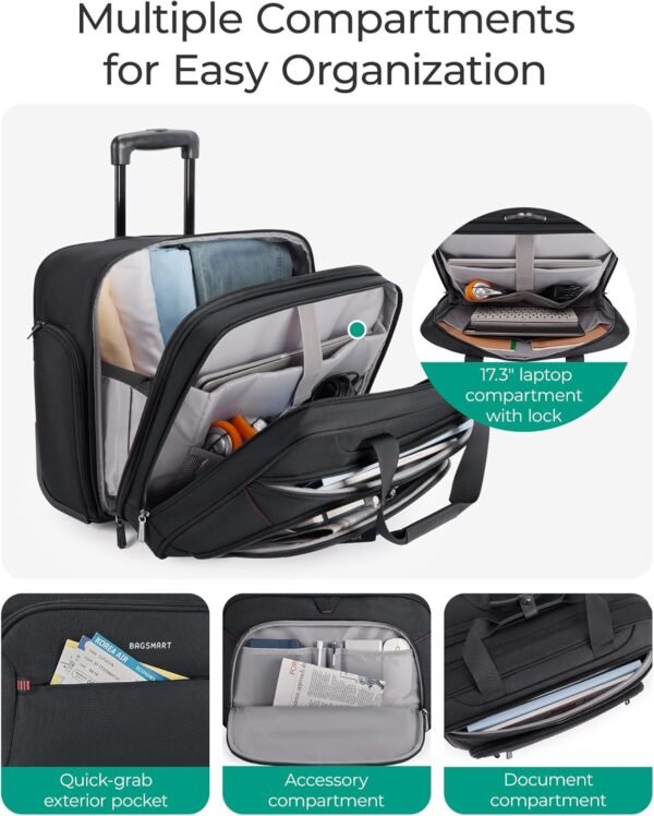 BAGSMART Rolling Laptop Bag, Briefcase with Wheels Fits 17.3 Inch Laptop, Overnight Rolling Bag with TSA Lock, Computer Bag for Travel/Men/Women, Black - Image 3
