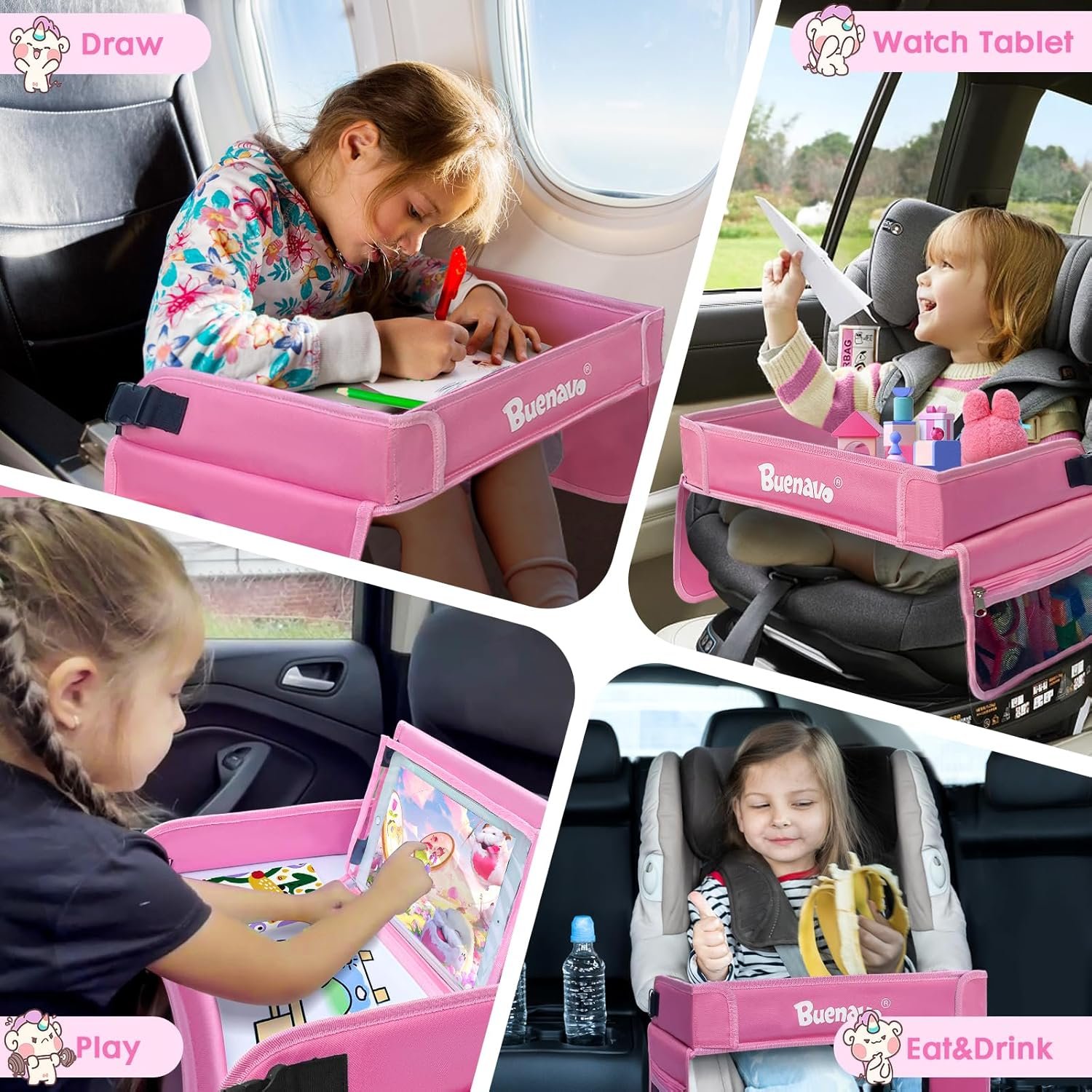 BUENAVO Kids Travel Tray Car Seat Organizer for Kids Toddlers Activities in Car Seat Travel and Road Trip Essentials Kids Pink - Image 5