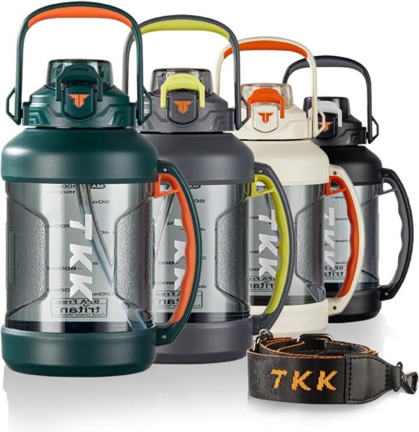 TKK Half Gallon Water Jug Sport Bottle with Straw 2 in 1 Lid Dishwasher Safe BPA Free Leakproof Large Capacity Tritan Plastic Bottle 1/2 Gallon 64oz Water Bottle for Gym Travel Camping Outdoor