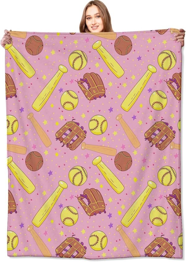 Baseball Blanket Fun Bat, Ball & Glove Pink Throw Blankets,Birthday Gifts for Teens Adult & Sport Lovers,Lightweight Soft Fleece Cozy for Sofa Couch Bed Room Travel Decor 50x60in
