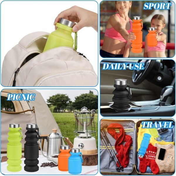 4 Pack Collapsible Water Bottles 18.6oz Silicone Foldable Water Bottle Reusable Portable Travel Cups Leakproof with Hook for Sports Gym Camping Hiking Outdoor Indoor Essential - Image 5