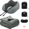Travel Pillow and Blanket Set for Traveling, Memory Foam Neck Pillow and Soft Blanket Compact, Airplane Travel Essentials Adult with Sleep Mask Earplugs Storage Bag for Plane Car, Grey