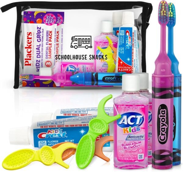 Kids Travel Size Toiletries Bag with Essential Oral Care Items - Bundled with Crest Kids Toothpaste, Travel Toothbrush Kids, ACT Mouthwash Kids, Floss Packs - Ideal Travel Essentials for Kids