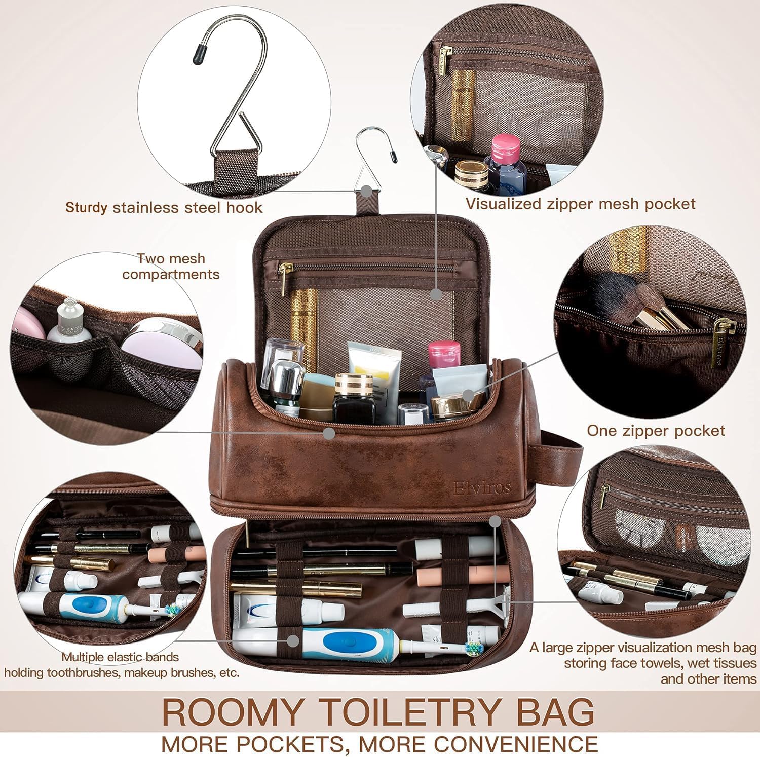 Elviros Toiletry Bag, Mens Leather Travel Organizer Kit with hanging hook, Large Water-resistant Toiletries Bathroom Shaving Bags for Women (Dark Brown) - Image 2