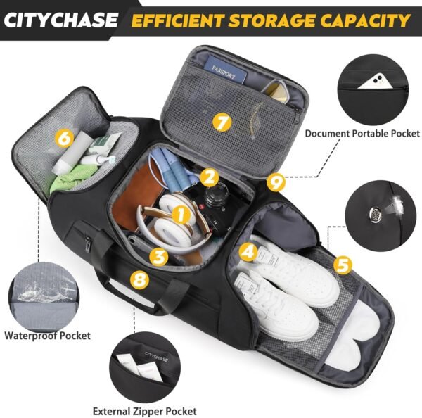 Travel Duffle Bag, 43L Gym Bags for Men, 4 in 1 Sports Gym Duffel Bag, Gym Backpack with Shoe Compartment, Waterproof Travel Weekender Overnight Bag For Football Backpack Carry on Luggage-Black - Image 6