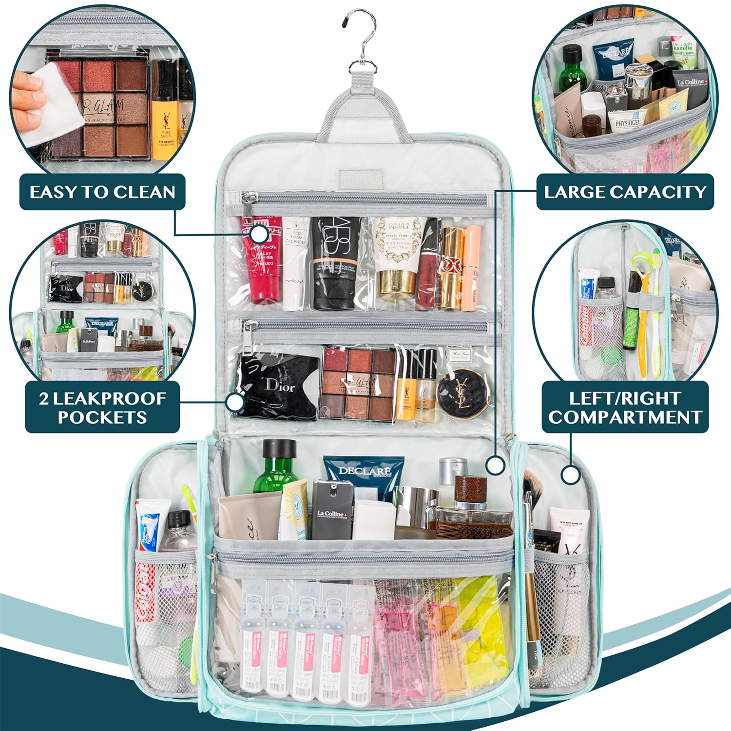 PAVILIA Large Hanging Toiletry Bag Travel Bag Women Men, Cosmetic Organizer, Water Resistant Makeup Bag Accessories Toiletries, Travel Essentials Kit, Teal Chevron - Image 4