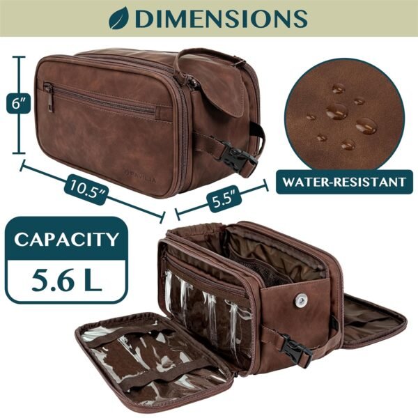PAVILIA Toiletry Bag for Men Women, Mens Travel Bag Toiletries Organizer Case for Grooming, Travel Essentials Shaving Dopp Kit, PU Leather Water Resistant Cosmetic Pouch, Dark Brown - Image 5