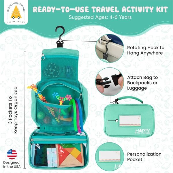 Travel Essentials for Kids – All-in-One Activity Kit for Travel, Road Trip Activities for Kids - Hanging Bag, Includes Toys and Activities for Airplanes, Hotels - Boys & Girls, 4-6 Years (Seafoam) - Image 2