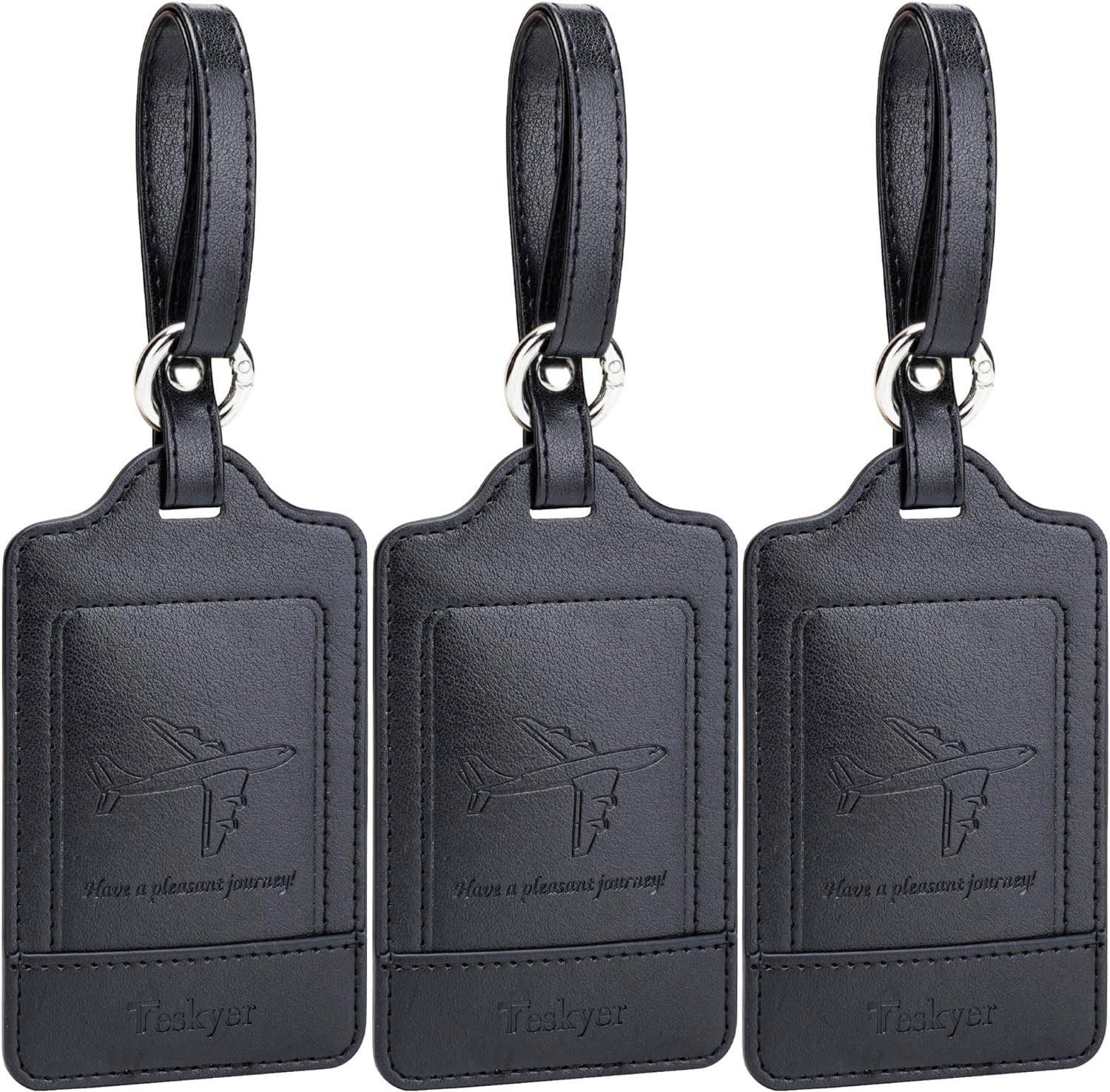 Teskyer Luggage Tags, 3 Pack Premium PU Leather Luggage Tags for Suitcases, Privacy Protection Bag Tags Travel Essentials, Black
