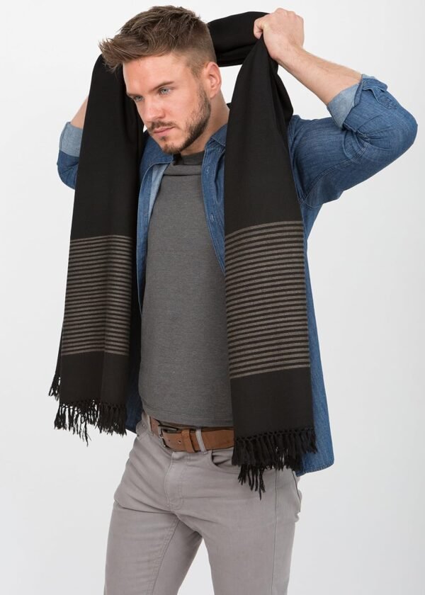 likemary Scarf for Men Winter - Cold Weather Travel Blanket Wrap - Large Blanket Scarf - Handmade Gift for Men - Striped Black Scarf - Image 5