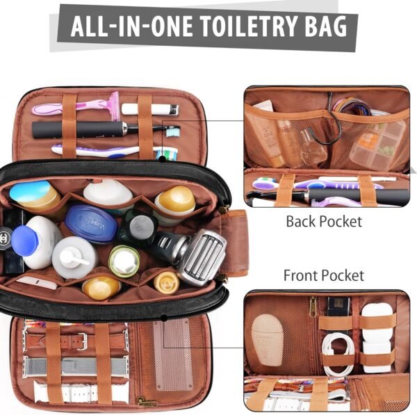 Travel Toiletry Bag for Men, Large Hanging Toiletries Organizer Bags, Cruise Ship Essentials, Water-resistant Shaving Case, PU Leather Makeup Accessories, Cosmetic Dopp Kit, Black - Image 3