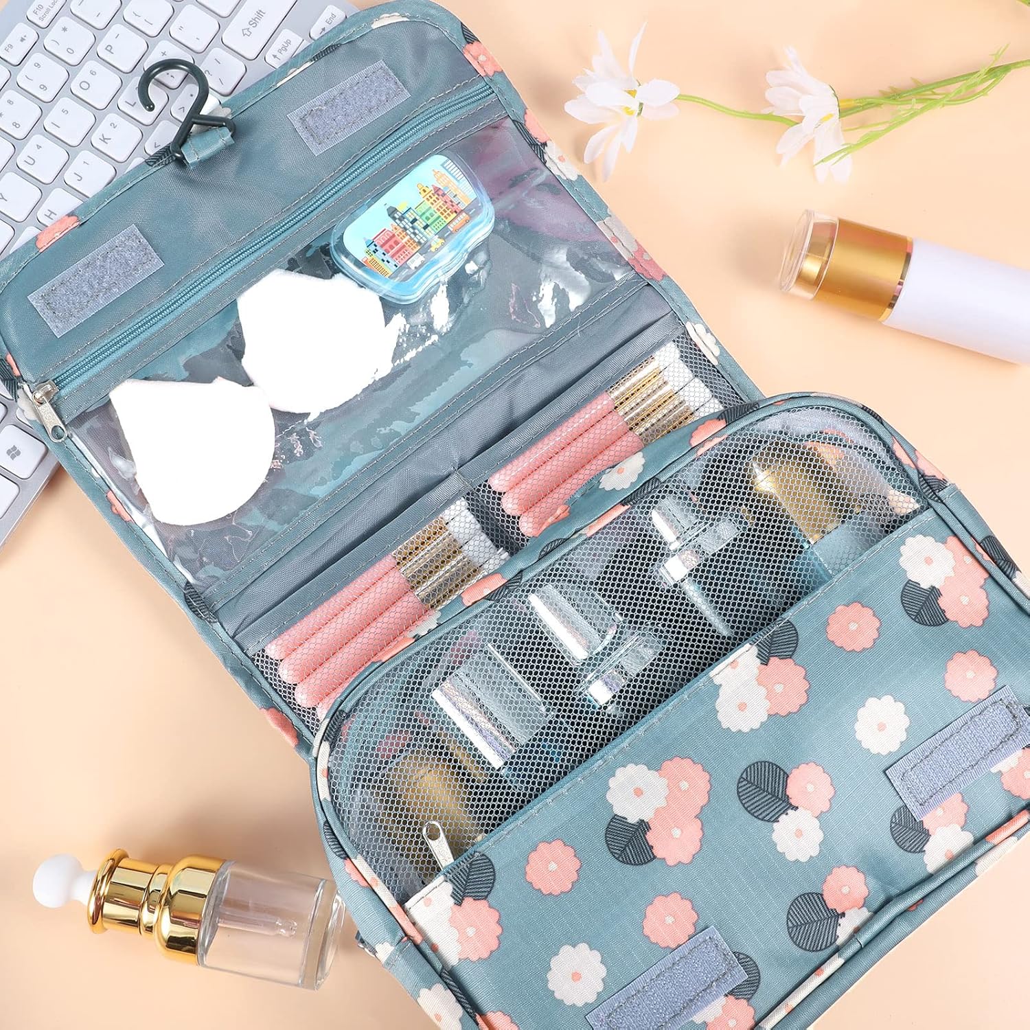 Pengxiaomei Toiletry Bag, Waterproof Hanging Cosmetic Bag Portable Travel Makeup Pouch Multifunction Handle Travel Toiletry Bag Organizer with Hook for Women Girls(Blue) - Image 4