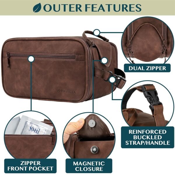 PAVILIA Toiletry Bag for Men Women, Mens Travel Bag Toiletries Organizer Case for Grooming, Travel Essentials Shaving Dopp Kit, PU Leather Water Resistant Cosmetic Pouch, Dark Brown - Image 4
