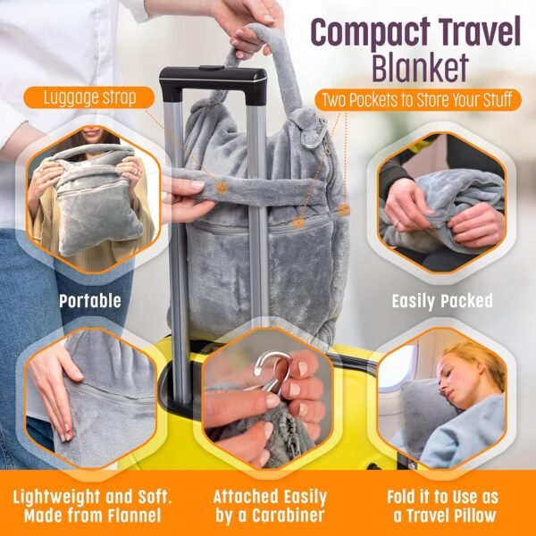 Travel Blanket – Wearable Compact Airplane Blanket - Double Zippered Pockets for Storage –Soft, Lightweight, Packable, & Cozy Throw Blanket for Travel, Car – Easy to Carry & Fold Up - Image 3