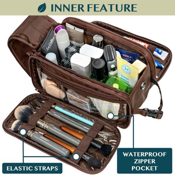 PAVILIA Toiletry Bag for Men Women, Mens Travel Bag Toiletries Organizer Case for Grooming, Travel Essentials Shaving Dopp Kit, PU Leather Water Resistant Cosmetic Pouch, Dark Brown - Image 2