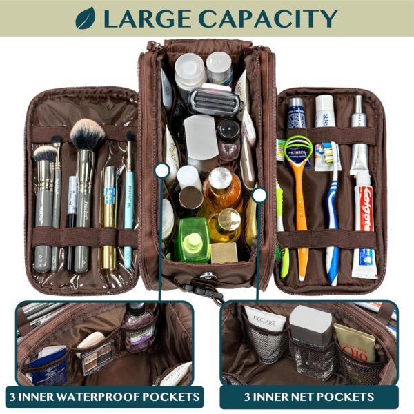 PAVILIA Toiletry Bag for Men Women, Mens Travel Bag Toiletries Organizer Case for Grooming, Travel Essentials Shaving Dopp Kit, PU Leather Water Resistant Cosmetic Pouch, Dark Brown - Image 6
