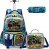 Egchescebo Kids Rolling Backpack for Boys Car Suitcases Trolley Roller Luggage Backpacks on Wheels with Lunch Box Pencil Case for Elementary Multiple Function Pockets Travel school Bag Yellow