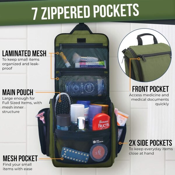 D&D Hanging Travel Toiletry Bag for Men and Women – Large Cosmetics, Makeup and Toiletries Organizer Kit with 10 Compartments, YKK Zippers, XXL Metal Swivel Hook, Water-Resistant Nylon - Image 3
