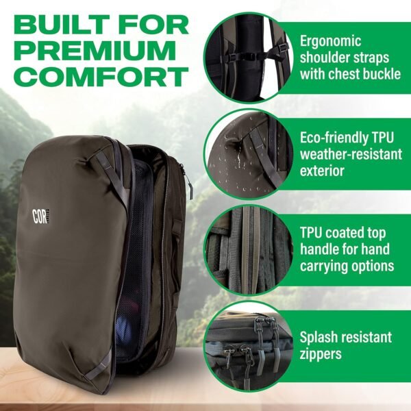 COR Surf Carry On Travel Backpack | NOW with Premium YKK Zippers | Flight Approved Carry On Laptop Backpack with Secret Passport Pockets | The Island Hopper (28L, Army Green) - Image 3