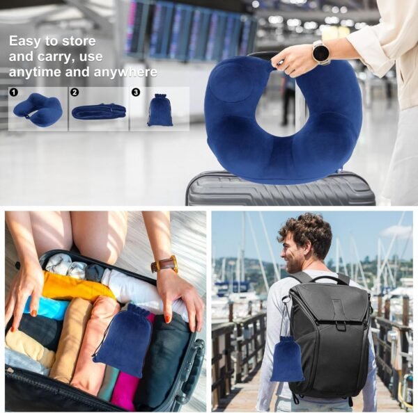Inflatable Travel Neck Pillows for Airplanes, Long Flight Must Haves for Sleeping to Avoid Neck and Shoulder Pain, Comfortably Support Head and Neck for Flight, Car, Bus and Office (Blue) - Image 5