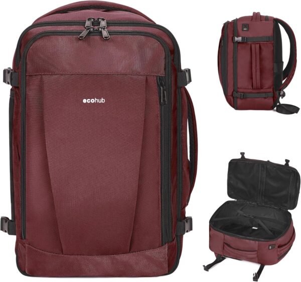 ECOHUB Travel Backpack 18x14x8 Spirit Airlines Personal Item Bag Carry On Backpack 13 Pockets Large Work Casual Daypack for men Airline Approved Waterproof Gym Backpack with Charging Port, Red
