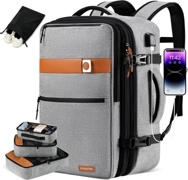 POWAITER Carry on Backpack, Large Travel Laptop Backpack 40L, 17 Inch Flight Approved Luggage Backpack for Men & Women with 4 Packing Cubes, Great for Airplanes - Cloud Gray
