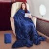 Tirrinia Travel Blanket Pillow - Wearable Airplane Blanket with Feet Pockets for Long Flights, Airplane Accessories Blanket Robe for Women and Men, Gift for Her