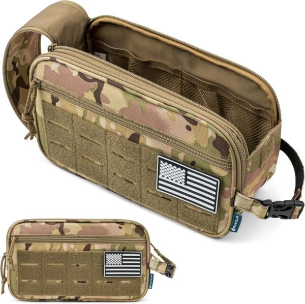 Pavilia Tactical Toiletry Bag for Men, Hygiene Travel Bag, Military Dopp Kit, Water Resistant Molle Pouch, Mens Shaving Grooming Essentials, Bathroom Shower Toiletries Small Organizer Case, Camo