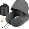Neck Pillow for Travel, Memory Foam Travel Pillow with Hood, Adult Airplane Pillow for Head Rest Neck Support, Portable Pillow for Office Cars Trains Long Flights Sleeping (Deep Grey)