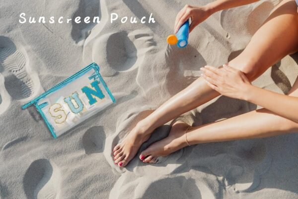 COSHAYSOO Clear Makeup Bag Preppy Sunscreen Pouch Beach Pool Summer Stuff Travel Cosmetic Toiletry Essentials Small Purse Organizer for Women Teenager Girl with Trendy Letter Patch Blue SUN - Image 4