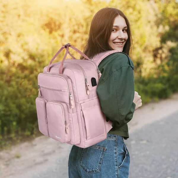 Mancro Travel Backpack for Women, 15.6 Inch Laptop Backpack with USB Charging Port, Waterproof Business Work Backpacks, Fashion College Backpack Gifts for Women, Pink - Image 7
