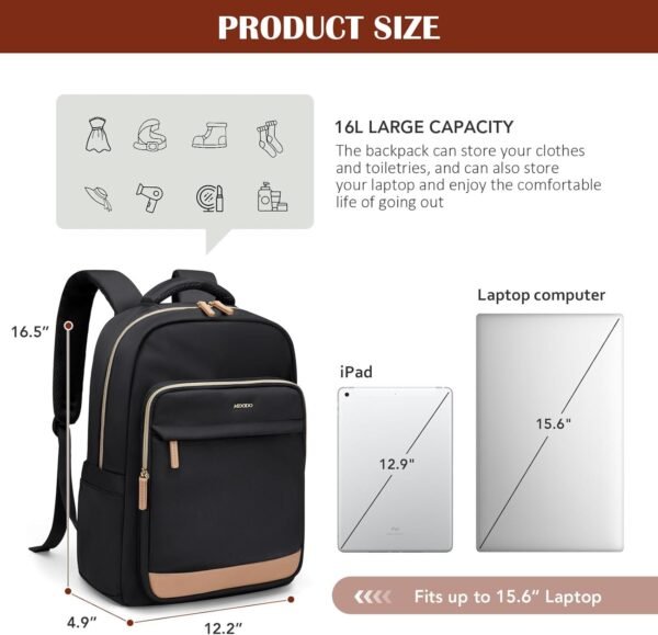 Laptop Backpack for Women,Travel Backpack with Laptop Compartment,Casual Daypack College Bookbag Computer Work Backpack, Black - Image 7