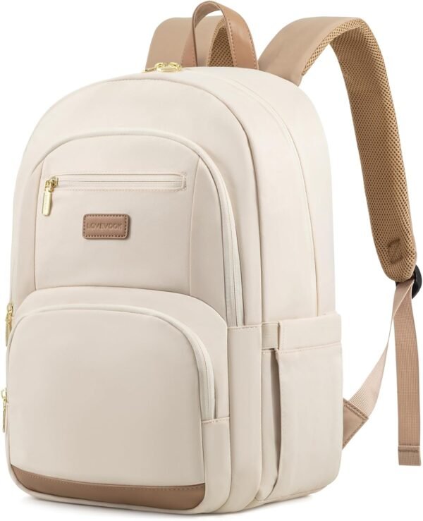 LOVEVOOK Travel Laptop Backpack for Women, Waterproof Work Backpack Fits 15.6 Inch Laptop, Large Computer Backpack for College, Beige